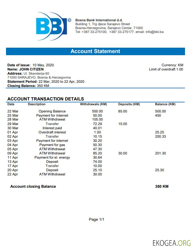 Bosnie Herzégovine Relevé bancaire de Bosna Bank International